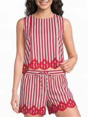 Striped Print Embroidered Scalloped Hem Shorts Skies are Blue