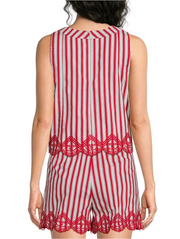 Striped Print Embroidered Scalloped Hem Shorts Skies are Blue