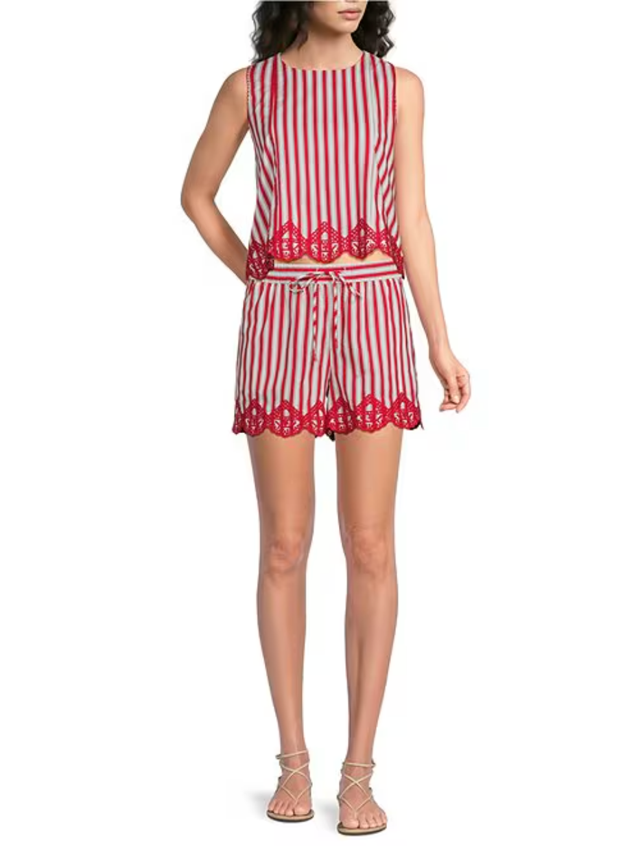 Striped Print Embroidered Scalloped Hem Shorts Skies are Blue