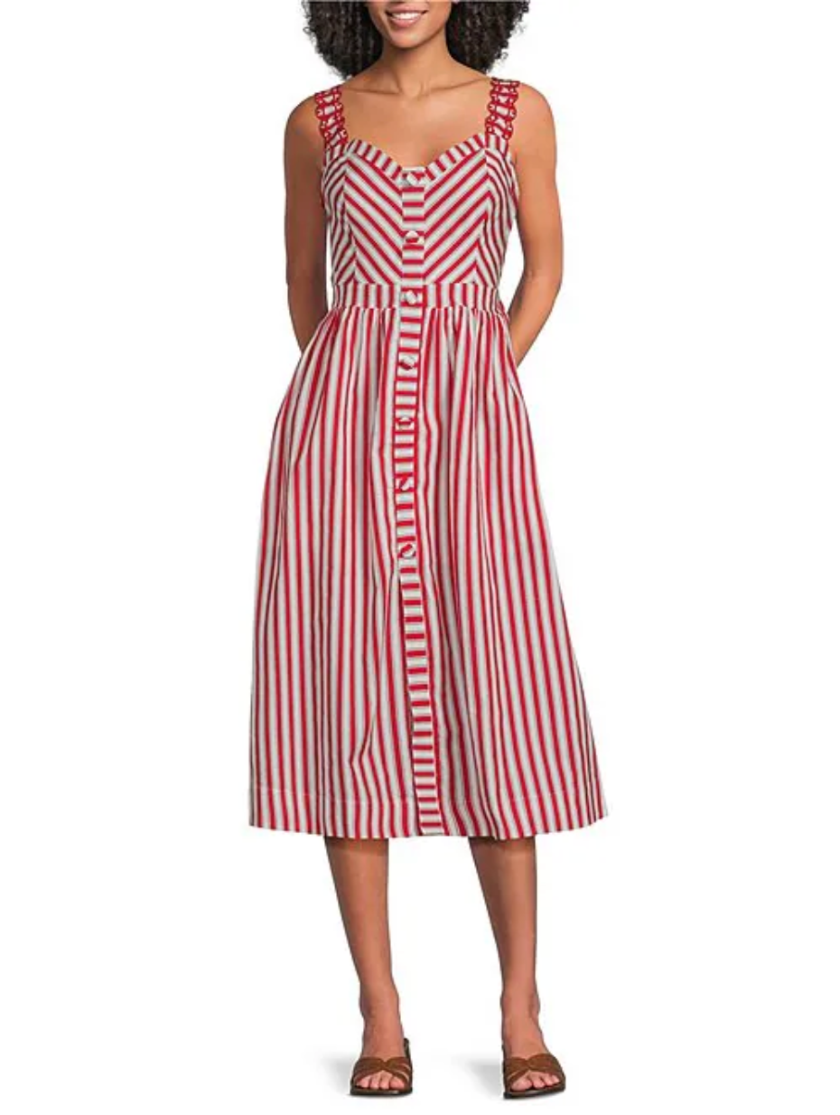 Striped Sweetheart Neck Sleeveless A-Line Midi Dress Skies are Blue