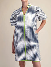 Collar Neck Puff Sleeve Stripe Mini Dress Glam