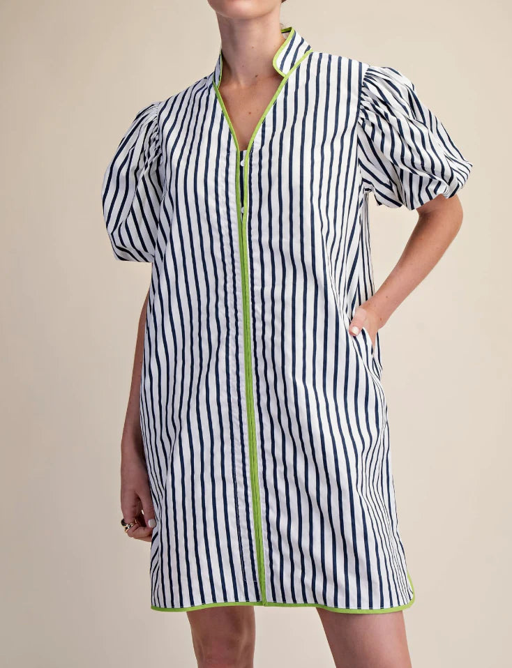 Collar Neck Puff Sleeve Stripe Mini Dress Glam