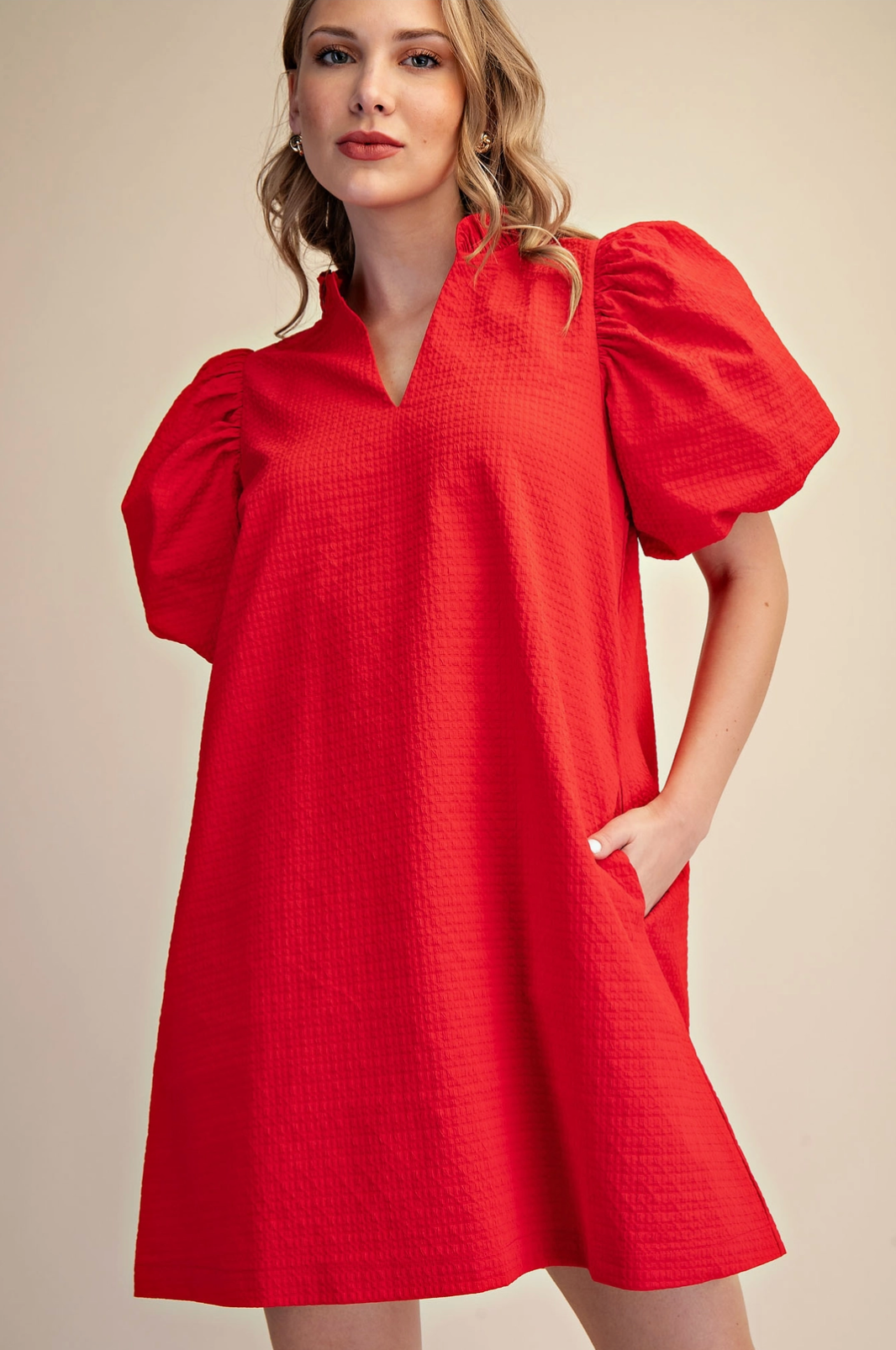 Textured Fabric Ruffle V-Neck Puff Sleeve Mini Dress Glam