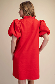 Textured Fabric Ruffle V-Neck Puff Sleeve Mini Dress Glam