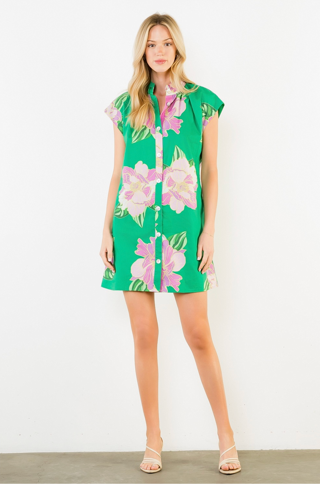 Short Sleeve Floral Print Button Up Dress THML
