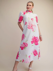 Ruffle Neck Puff Sleeve Button Placket Floral Print Midi Dre Glam