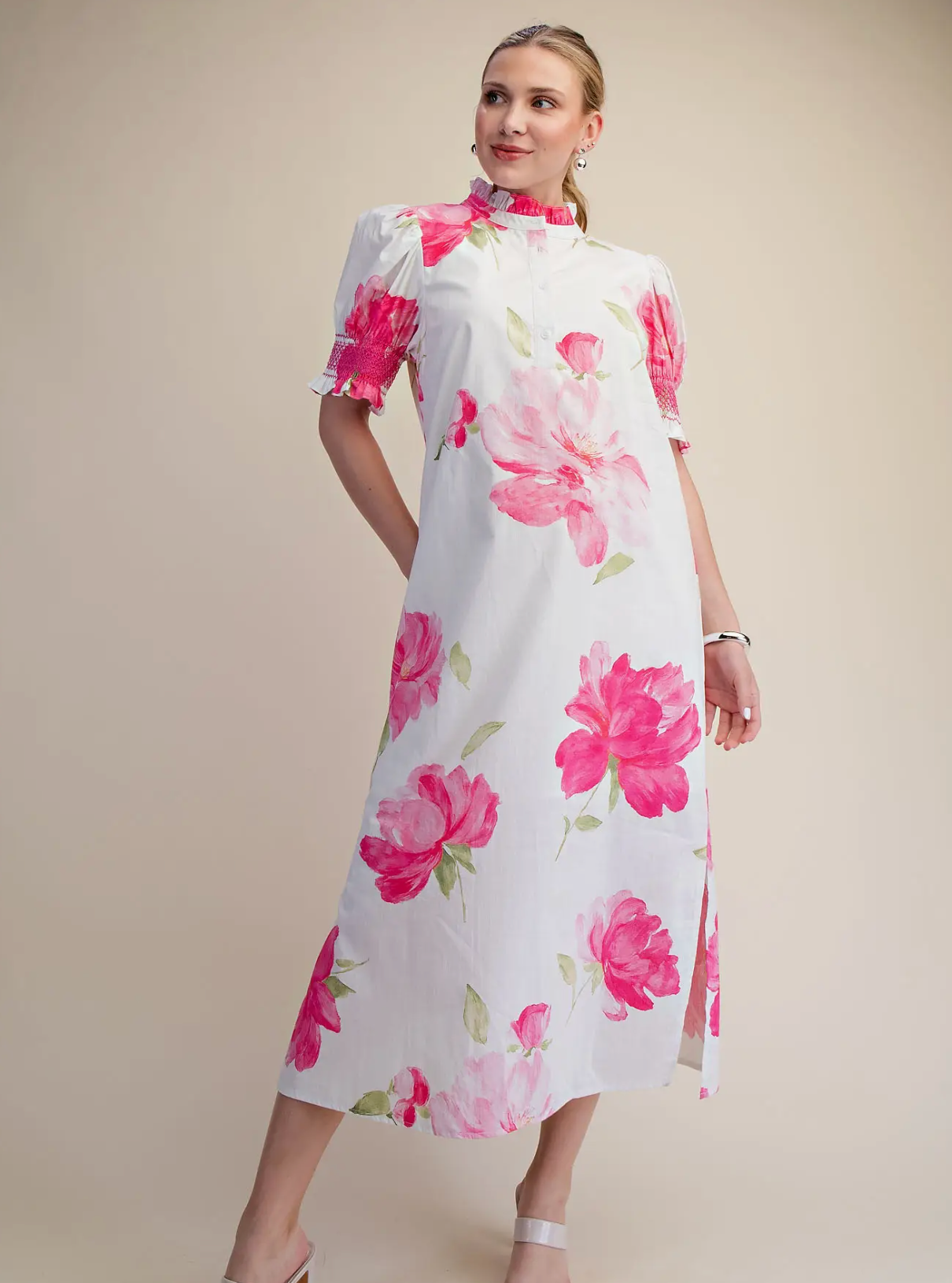 Ruffle Neck Puff Sleeve Button Placket Floral Print Midi Dre Glam