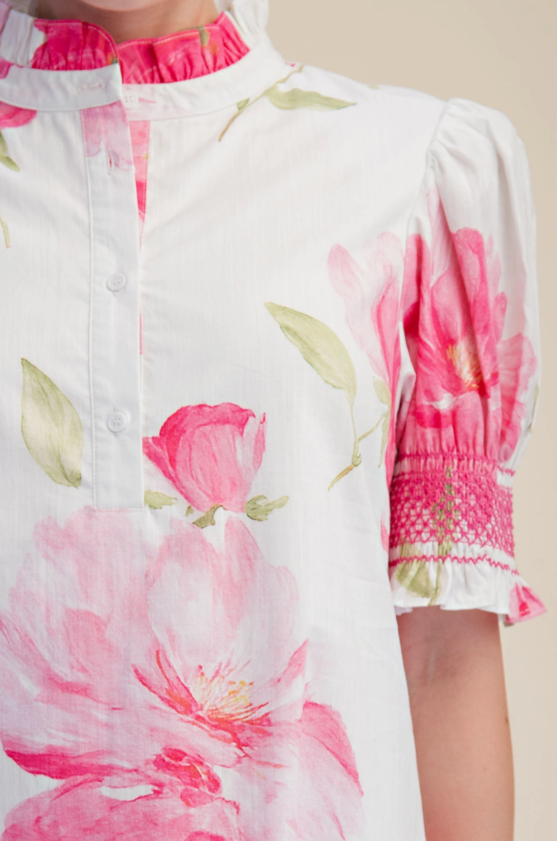 Ruffle Neck Puff Sleeve Button Placket Floral Print Midi Dre Glam