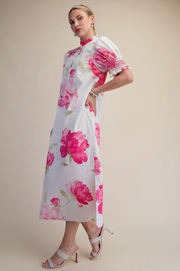 Ruffle Neck Puff Sleeve Button Placket Floral Print Midi Dre Glam