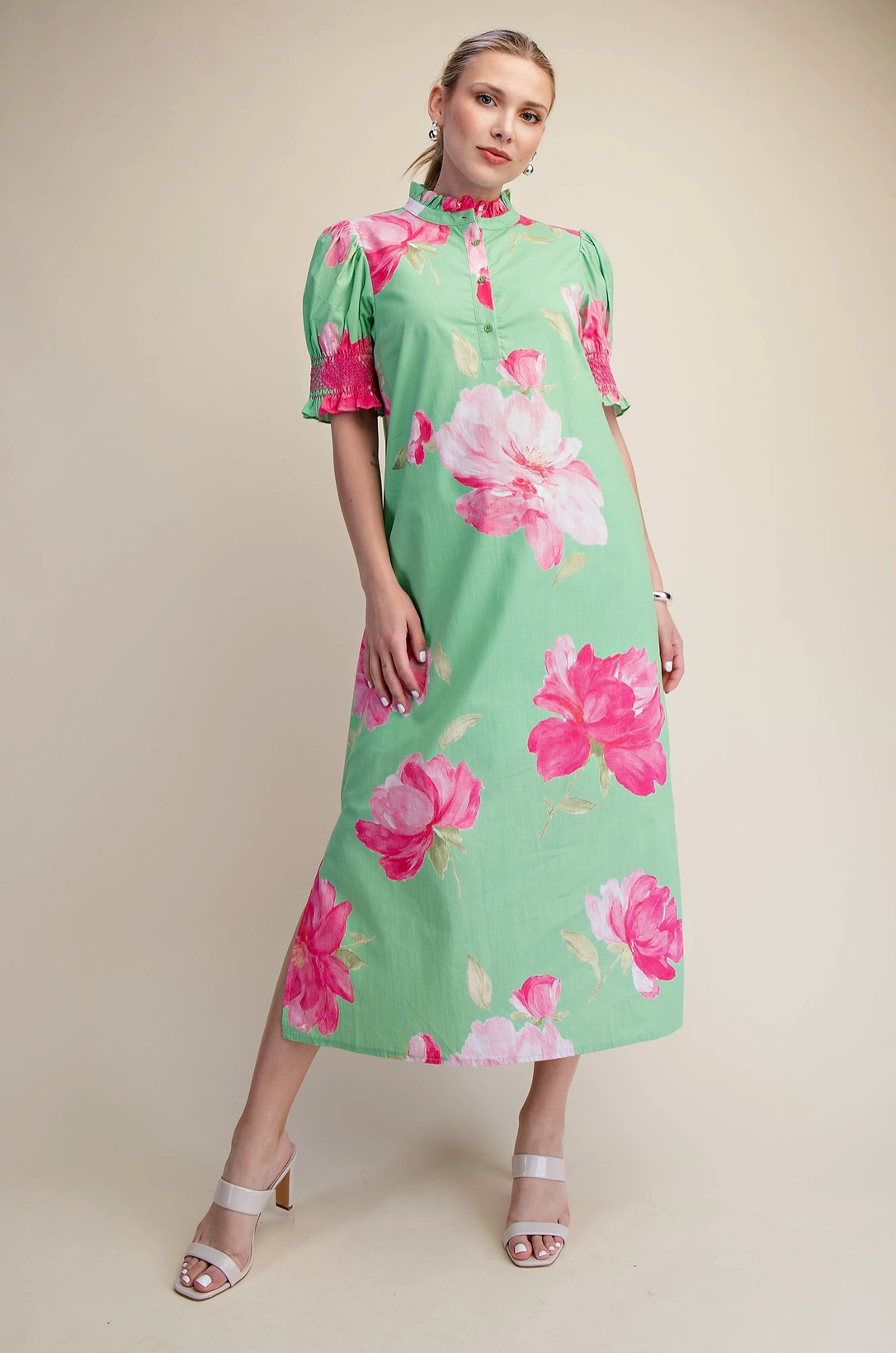 Ruffle Neck Puff Sleeve Button Placket Floral Print Midi Dre Glam