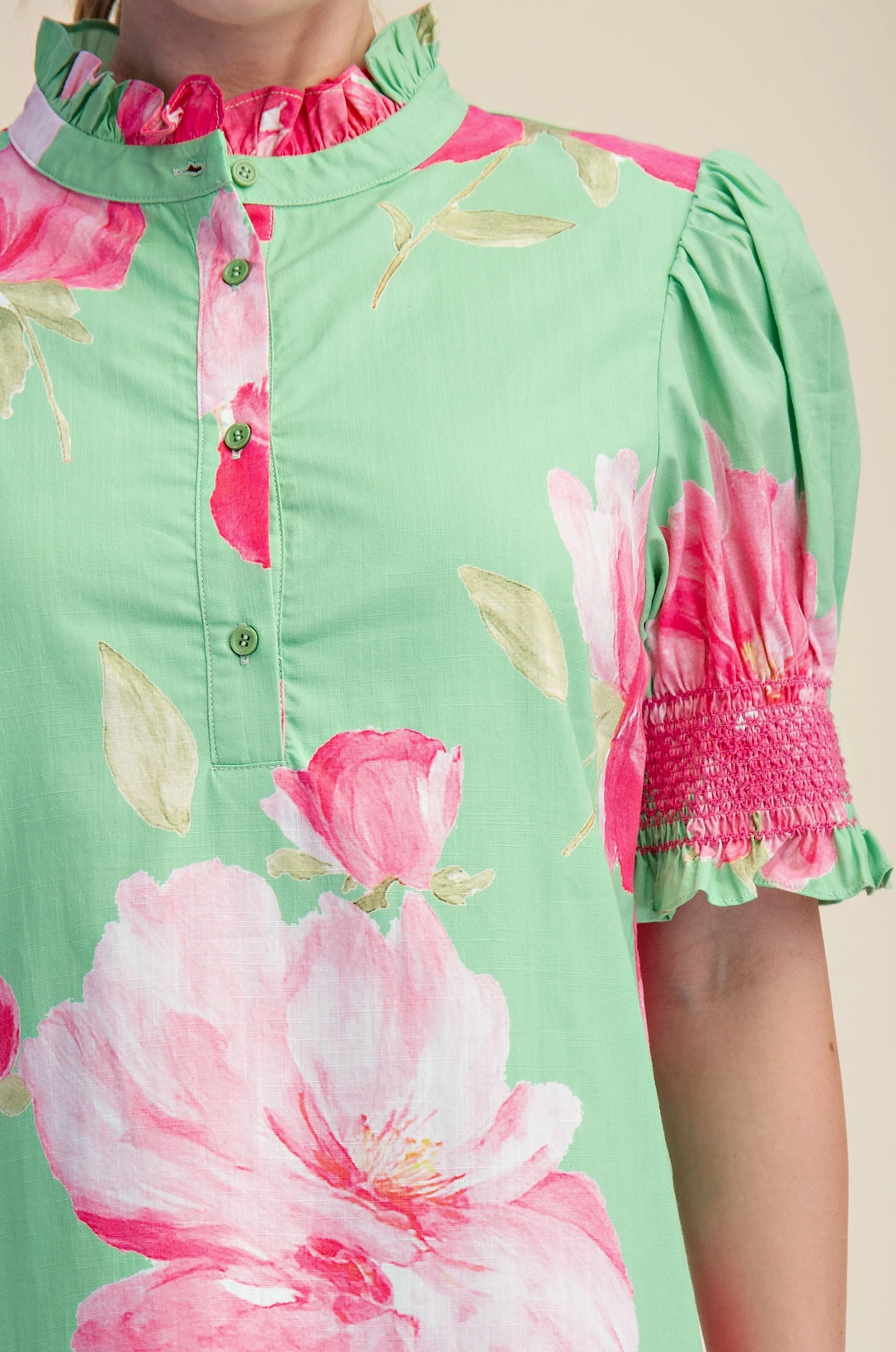 Ruffle Neck Puff Sleeve Button Placket Floral Print Midi Dre Glam