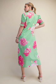 Ruffle Neck Puff Sleeve Button Placket Floral Print Midi Dre Glam