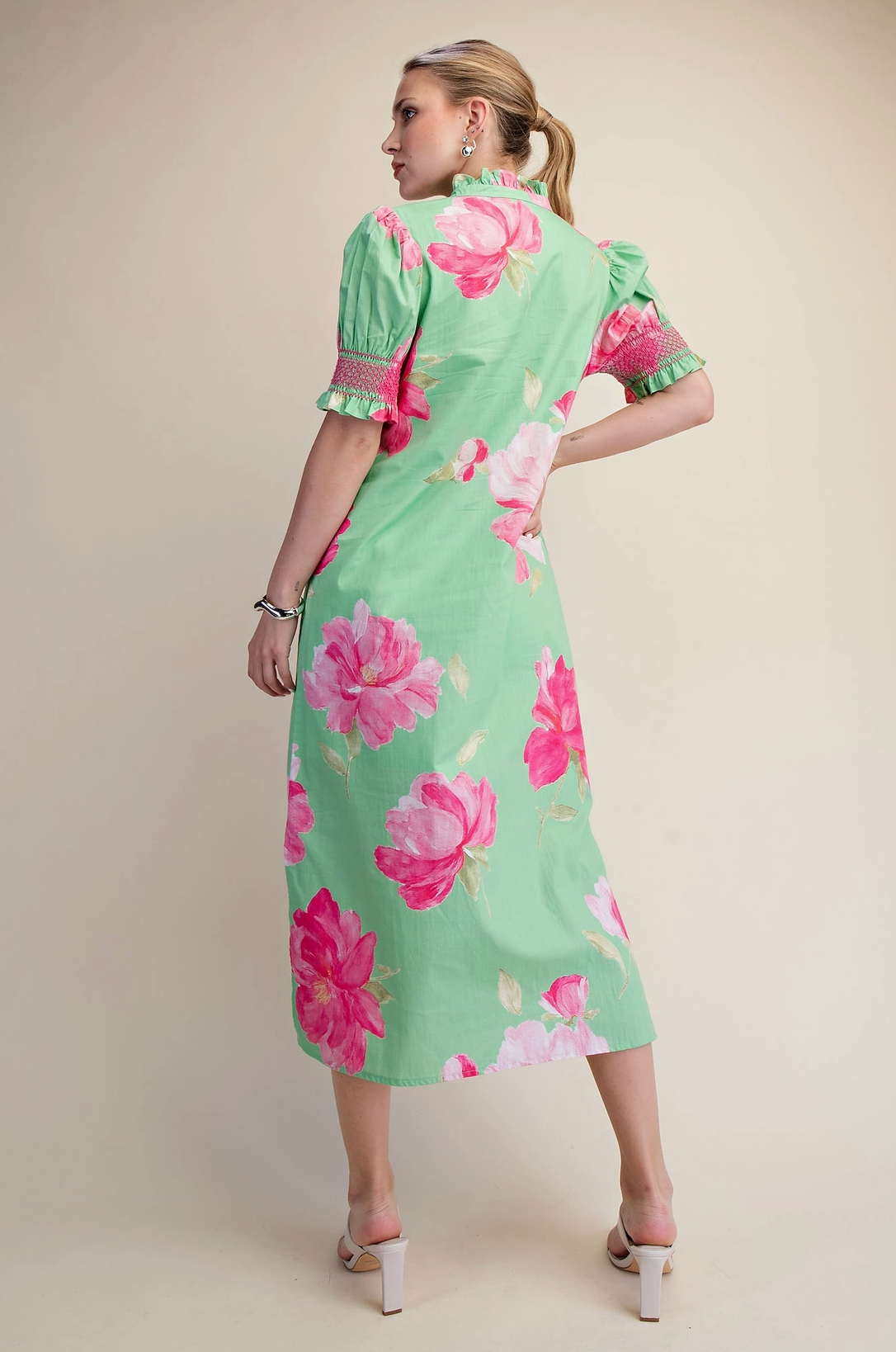 Ruffle Neck Puff Sleeve Button Placket Floral Print Midi Dre Glam