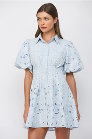 Cut-Out Floral Lace Short Puff Sleeve Button Down Dress Fate