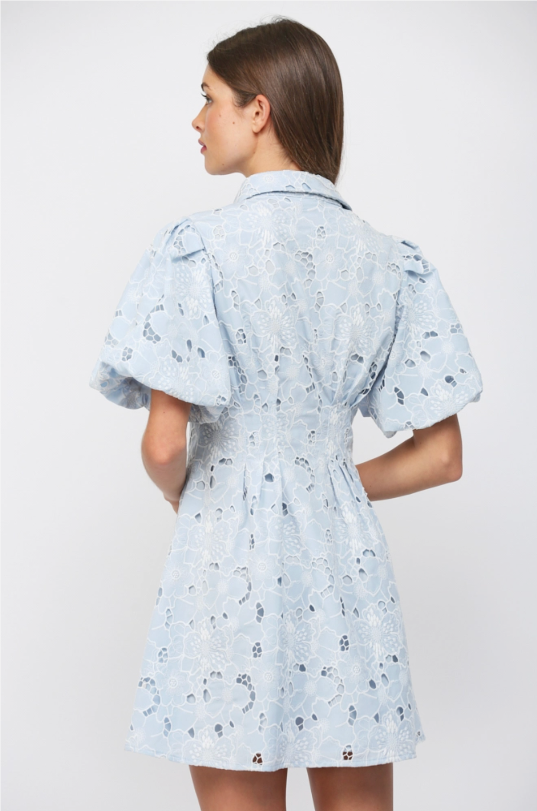 Cut-Out Floral Lace Short Puff Sleeve Button Down Dress Fate