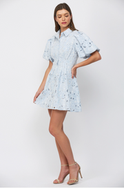 Cut-Out Floral Lace Short Puff Sleeve Button Down Dress Fate