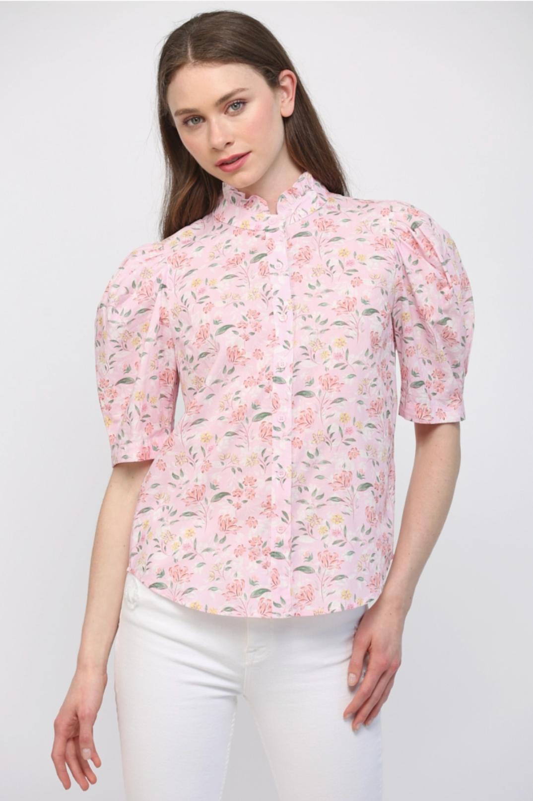 Floral Ruffle Stand Collar Detail Puff-Sleeve Blouse Fate