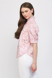 Floral Ruffle Stand Collar Detail Puff-Sleeve Blouse Fate