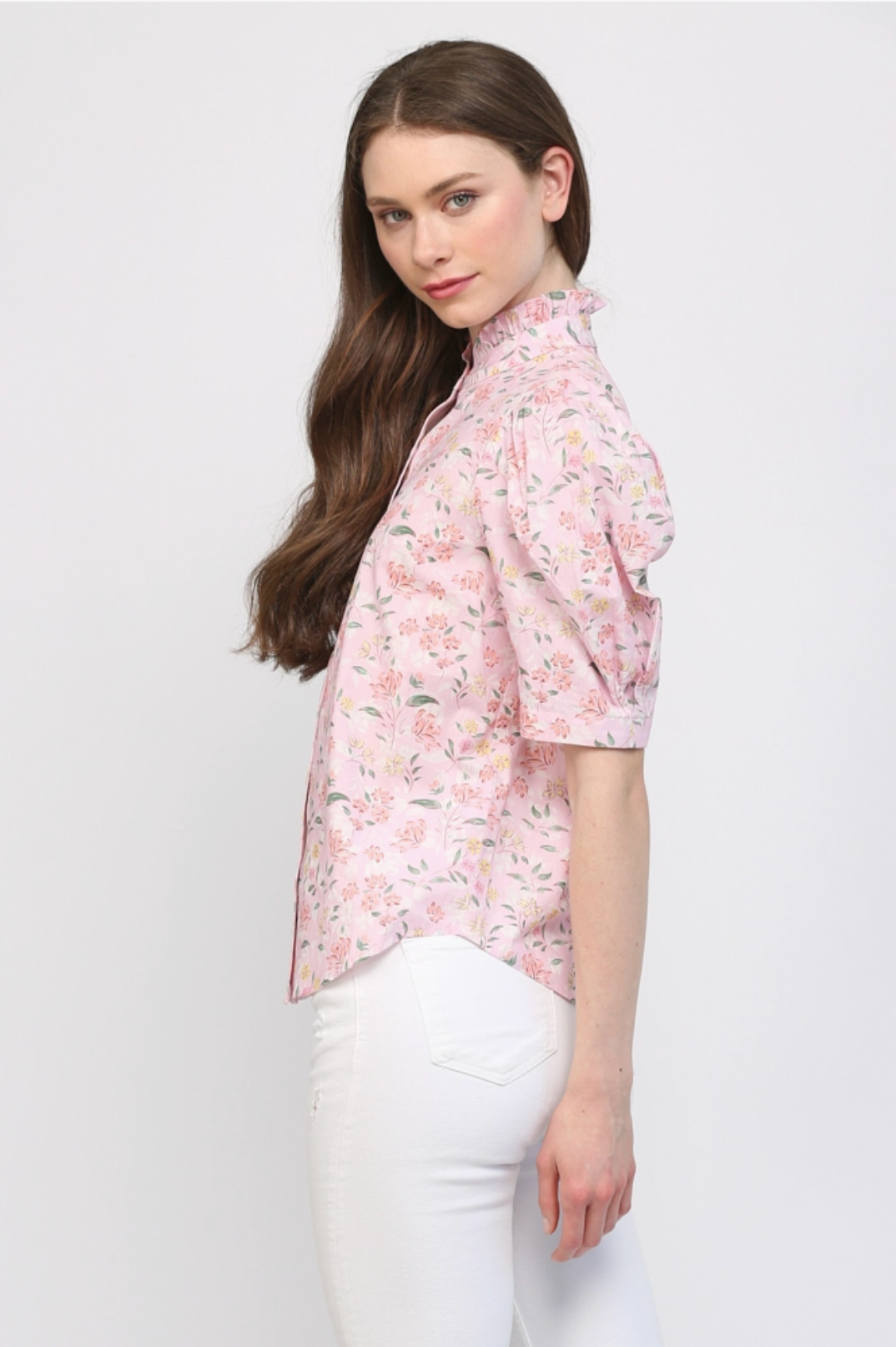 Floral Ruffle Stand Collar Detail Puff-Sleeve Blouse Fate