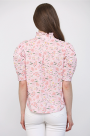 Floral Ruffle Stand Collar Detail Puff-Sleeve Blouse Fate