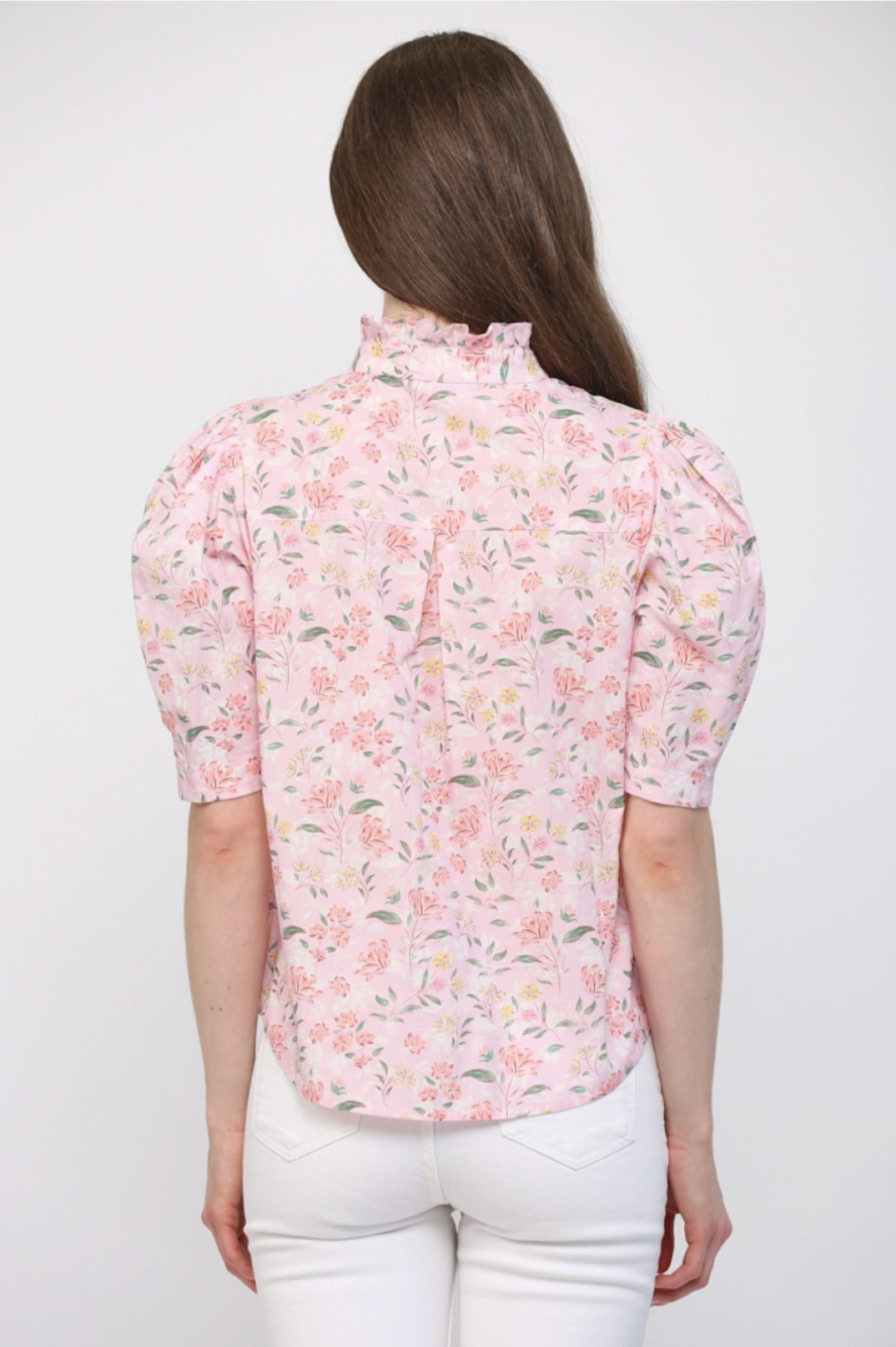 Floral Ruffle Stand Collar Detail Puff-Sleeve Blouse Fate
