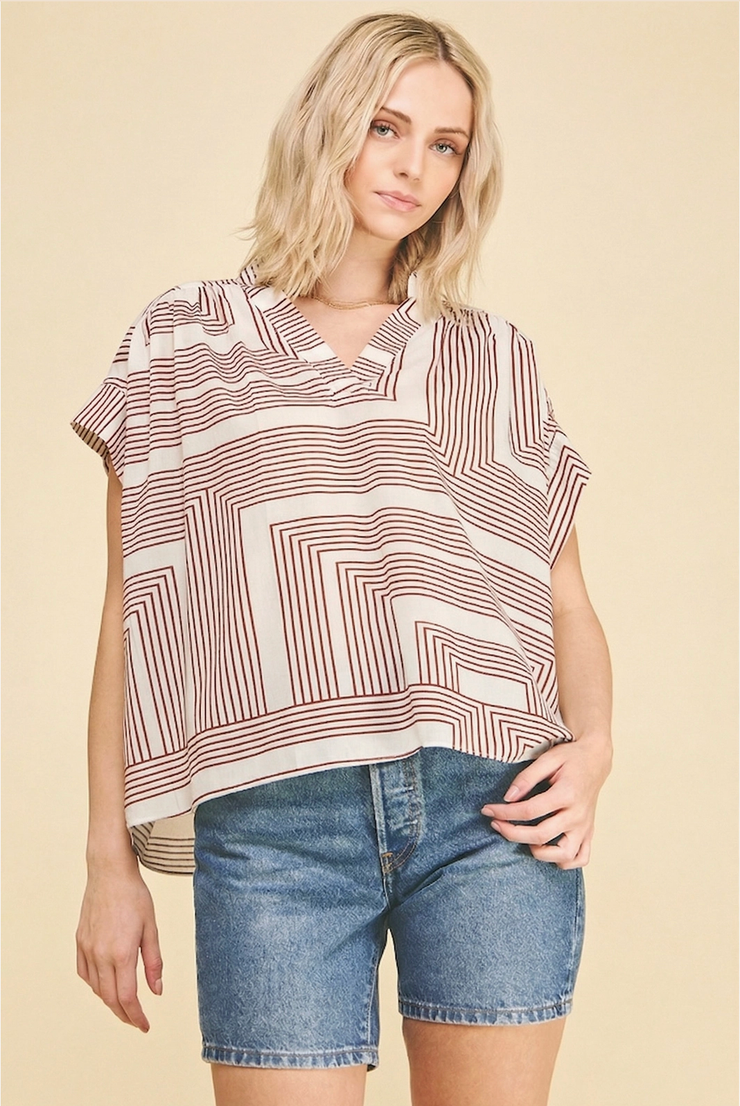 Geometric V-Neck Blouse Top Pinch
