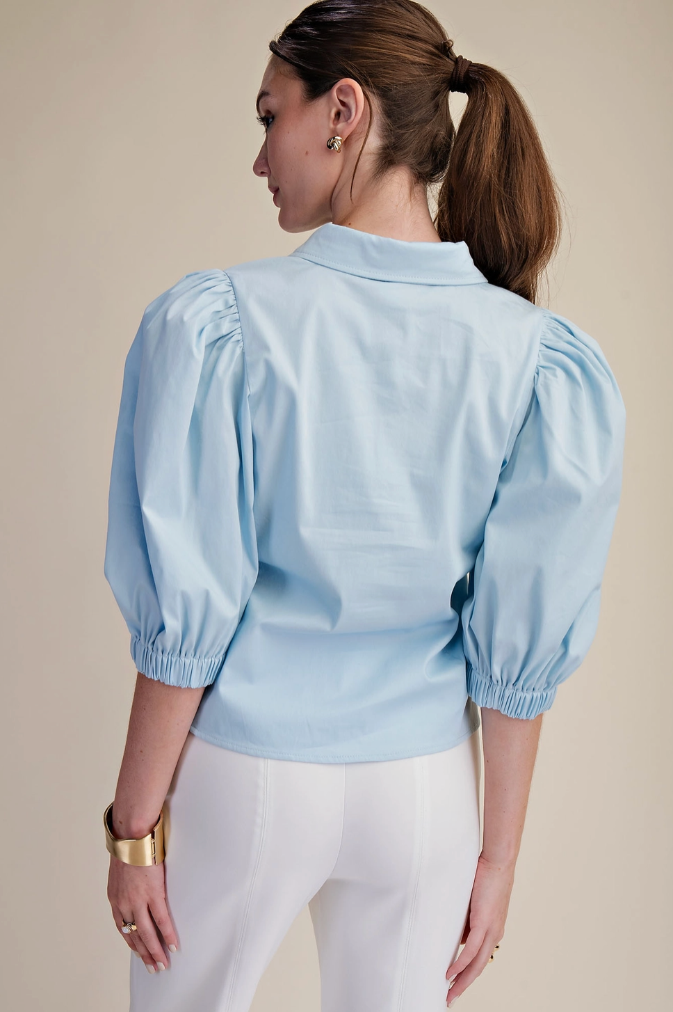 Puff Sleeve Collar Neck Button Down Shirt Glam