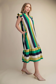 Ruffle Neck Sleeveless Flutter Stripe Midi Dress Glam