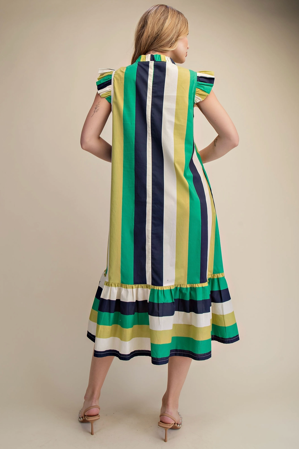 Ruffle Neck Sleeveless Flutter Stripe Midi Dress Glam