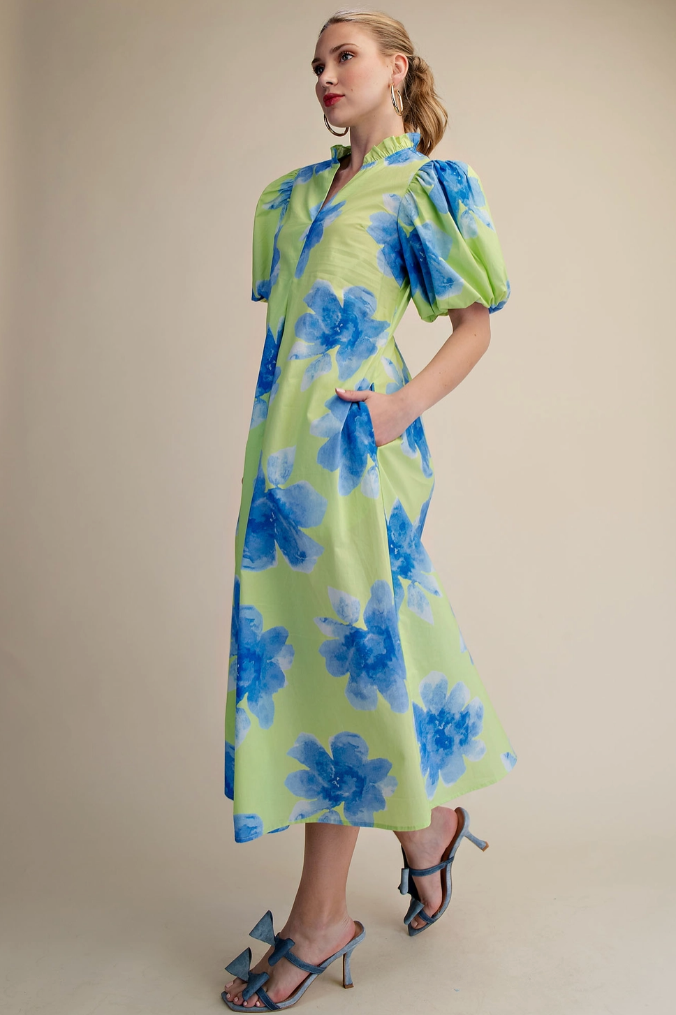 Ruffle V-Neck Puff Sleeve Waist Pleated Midi Dress Glam