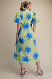 Ruffle V-Neck Puff Sleeve Waist Pleated Midi Dress Glam