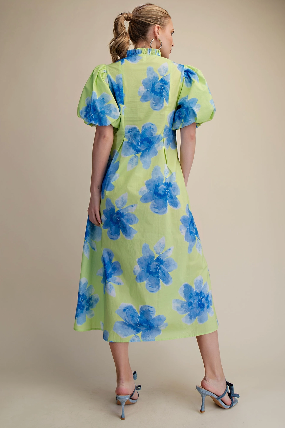 Ruffle V-Neck Puff Sleeve Waist Pleated Midi Dress Glam