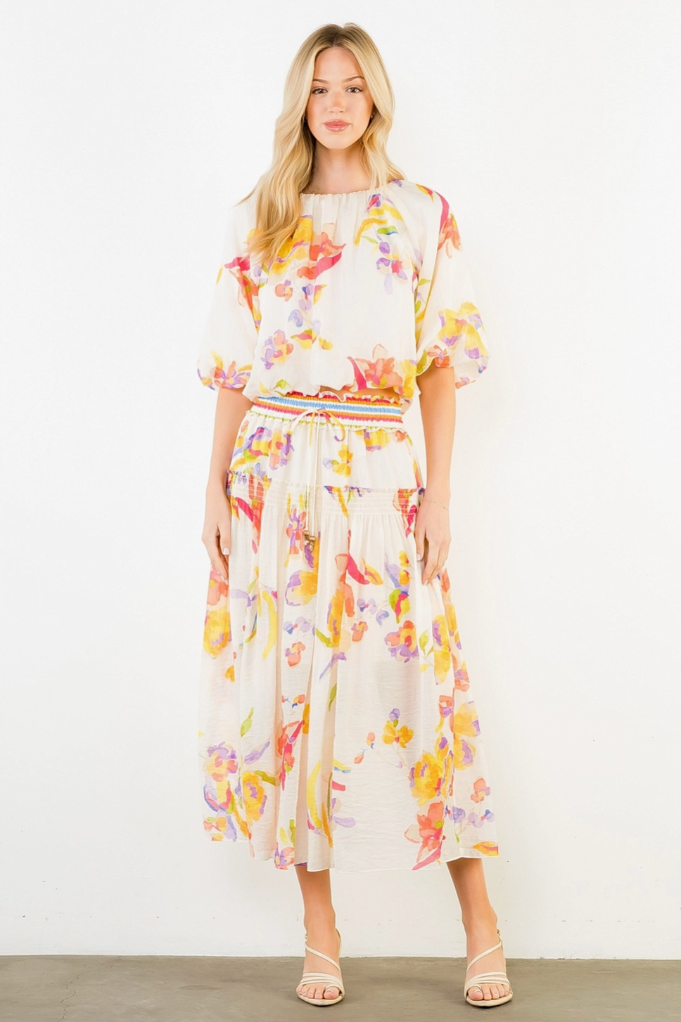 Floral Drawstring Tiered Maxi Skirt THML