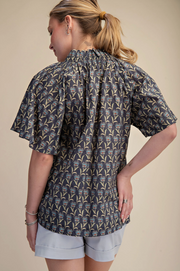 Printed Shirt Top with Ruffle Neck Raglan Sleeve Glam