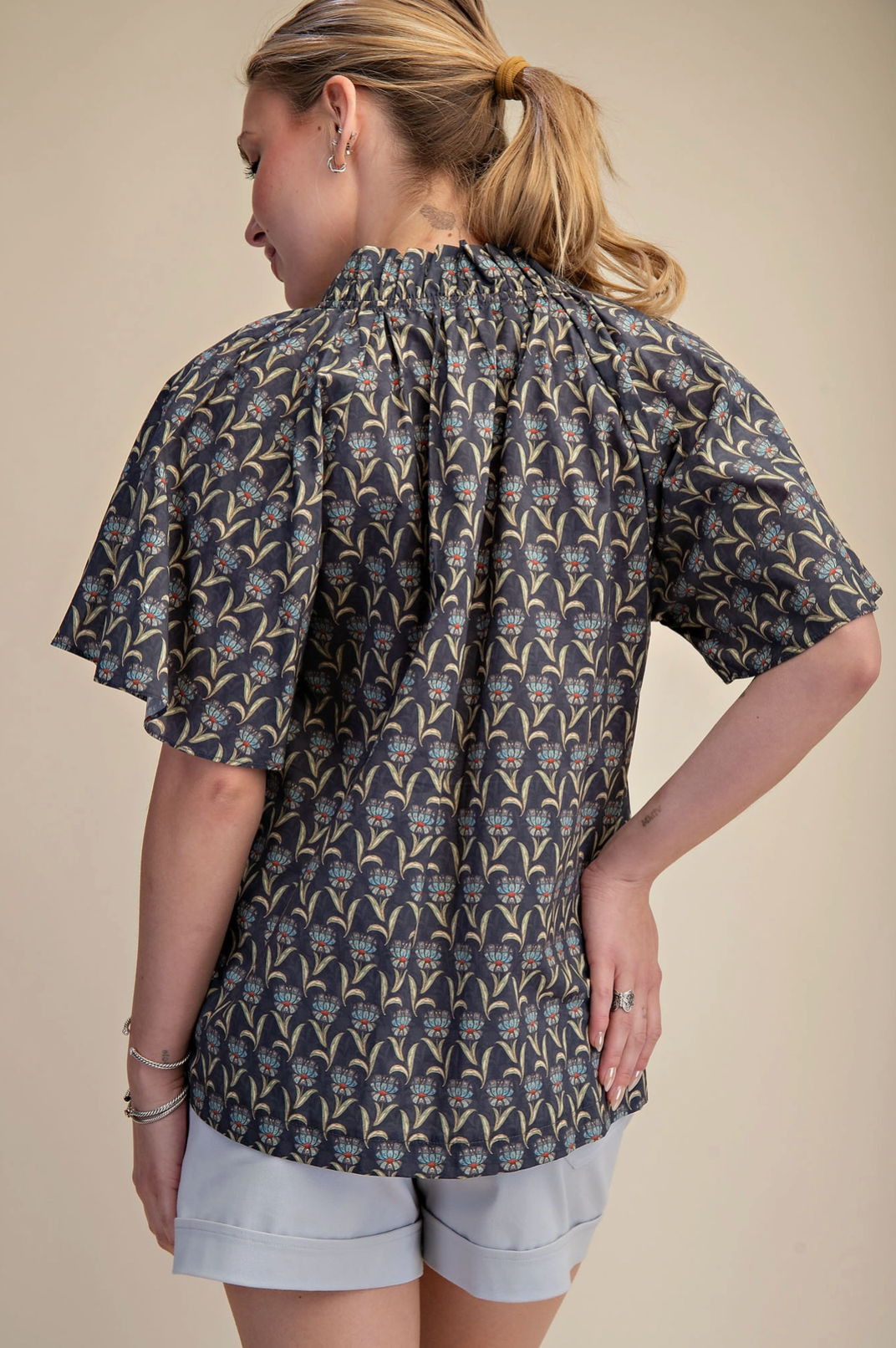 Printed Shirt Top with Ruffle Neck Raglan Sleeve Glam