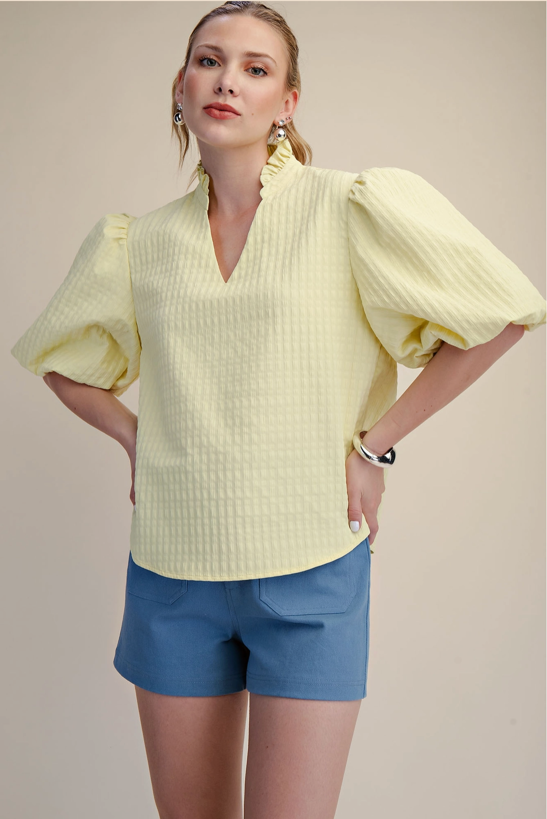 Puff Sleeve Ruffled Neck Textured Fabric Top Glam