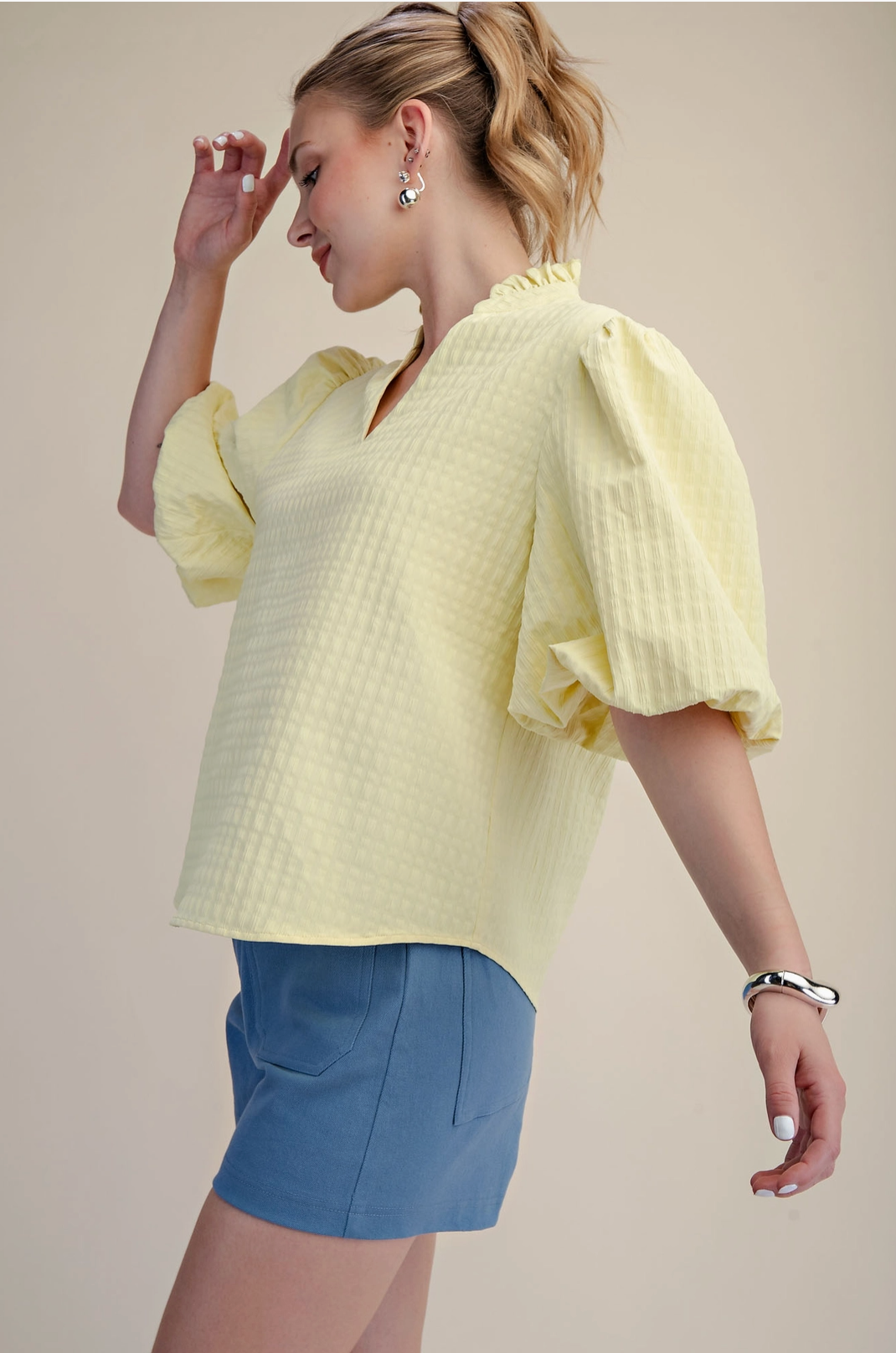 Puff Sleeve Ruffled Neck Textured Fabric Top Glam