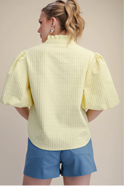 Puff Sleeve Ruffled Neck Textured Fabric Top Glam