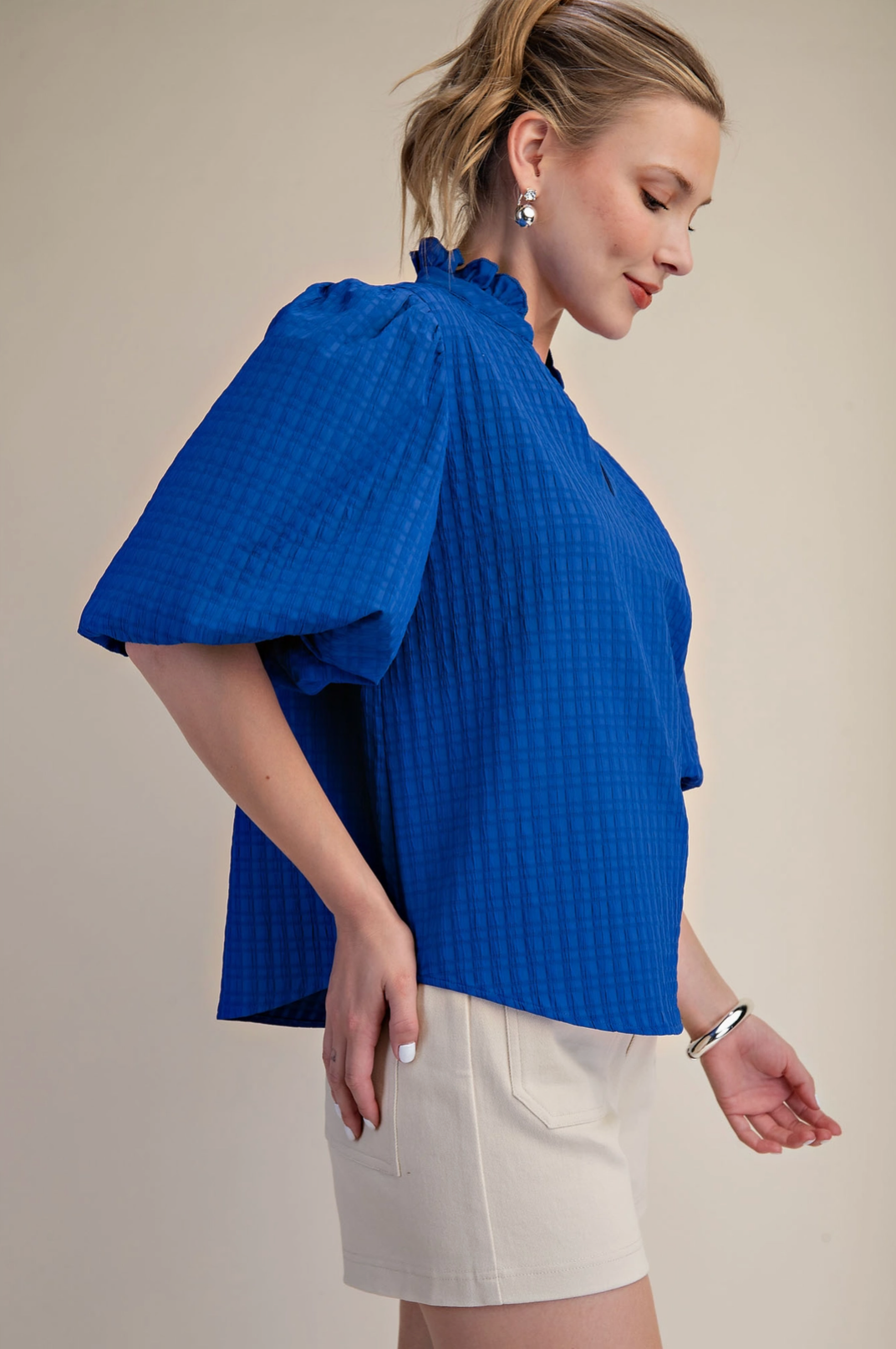 Puff Sleeve Ruffled Neck Textured Fabric Top Glam