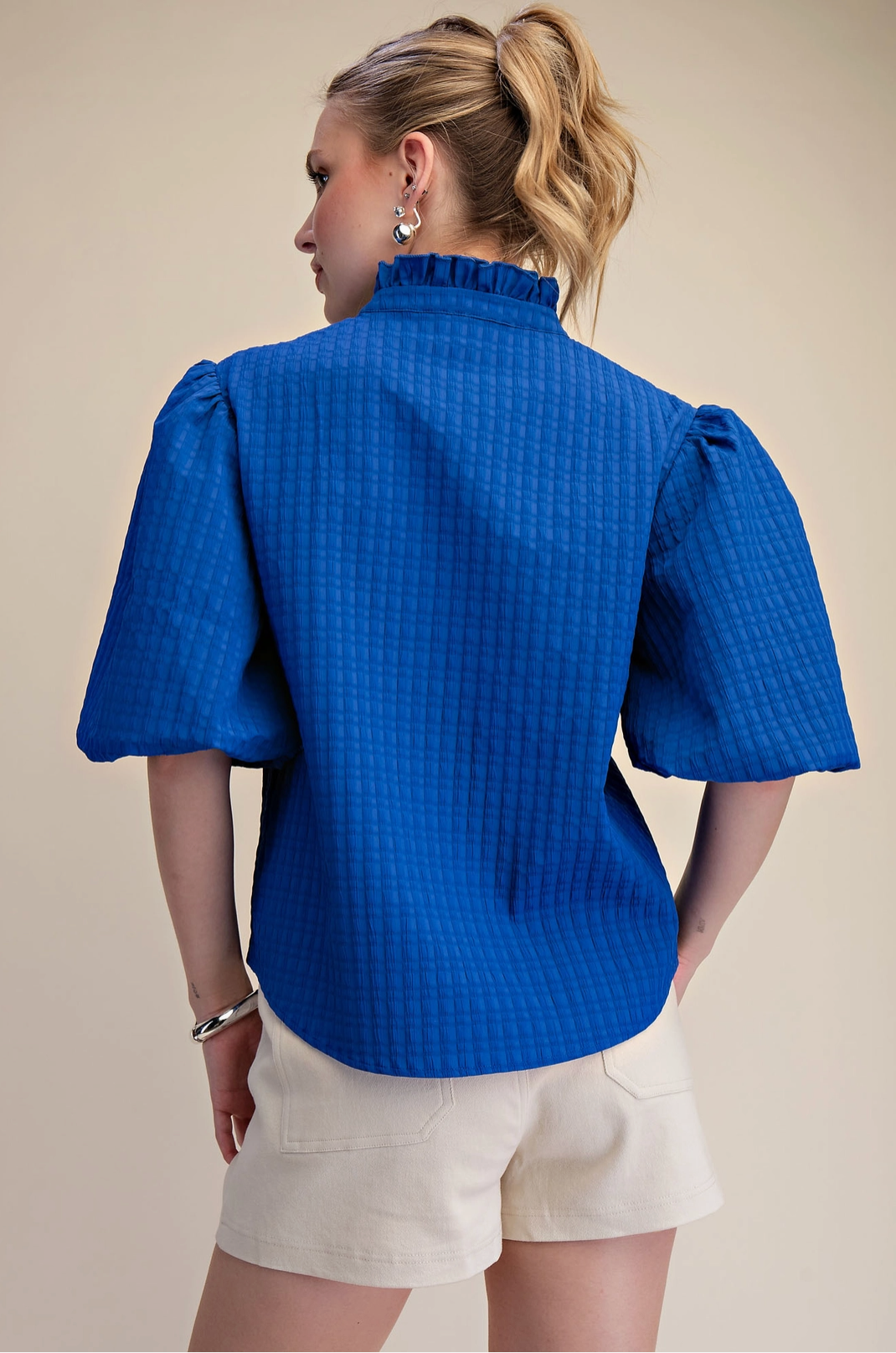 Puff Sleeve Ruffled Neck Textured Fabric Top Glam
