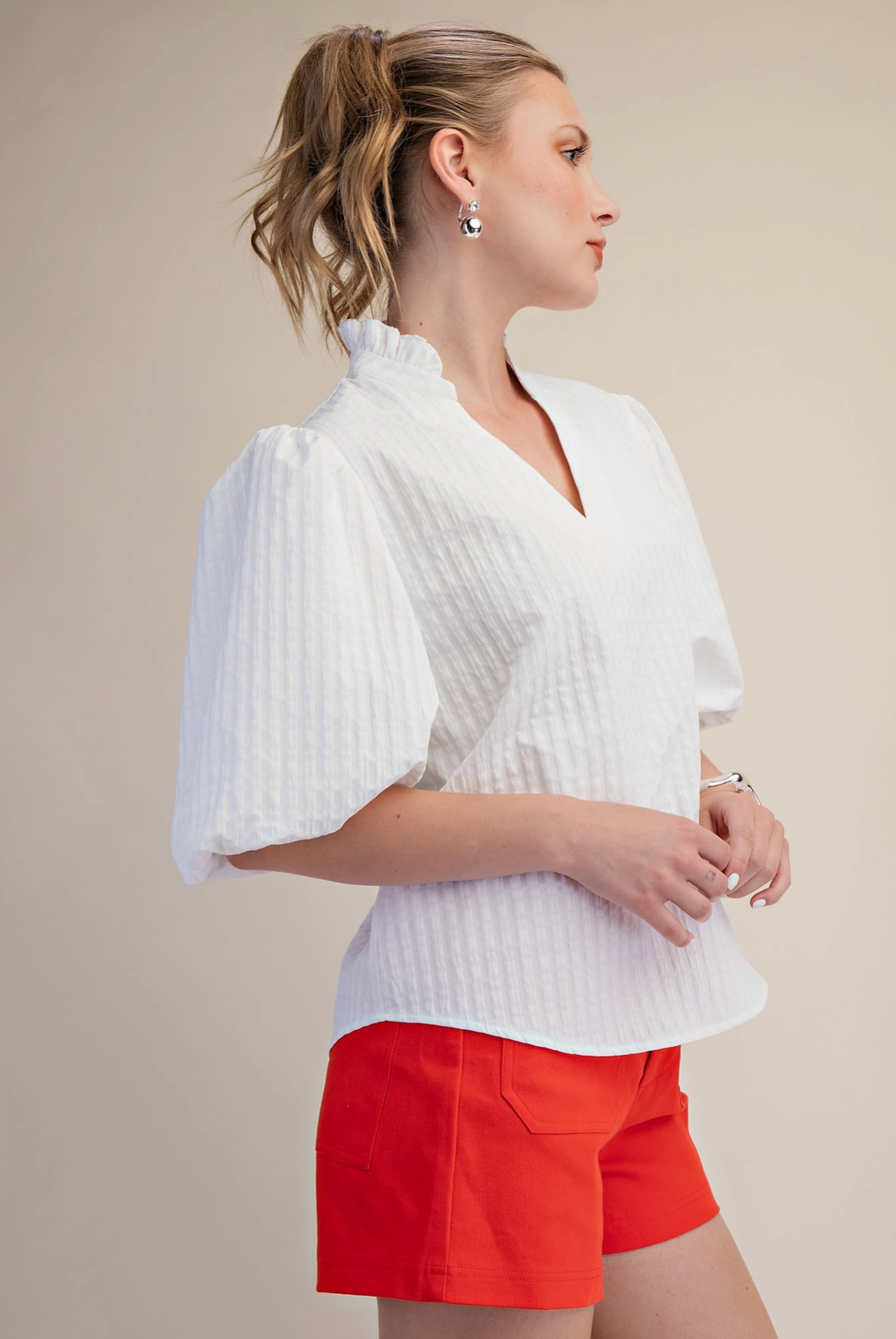 Puff Sleeve Ruffled Neck Textured Fabric Top Glam