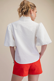Puff Sleeve Ruffled Neck Textured Fabric Top Glam