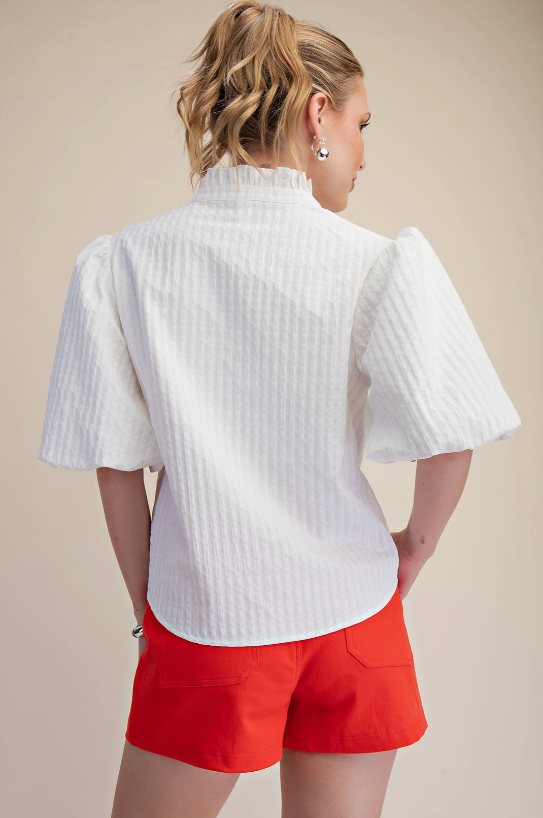 Puff Sleeve Ruffled Neck Textured Fabric Top Glam