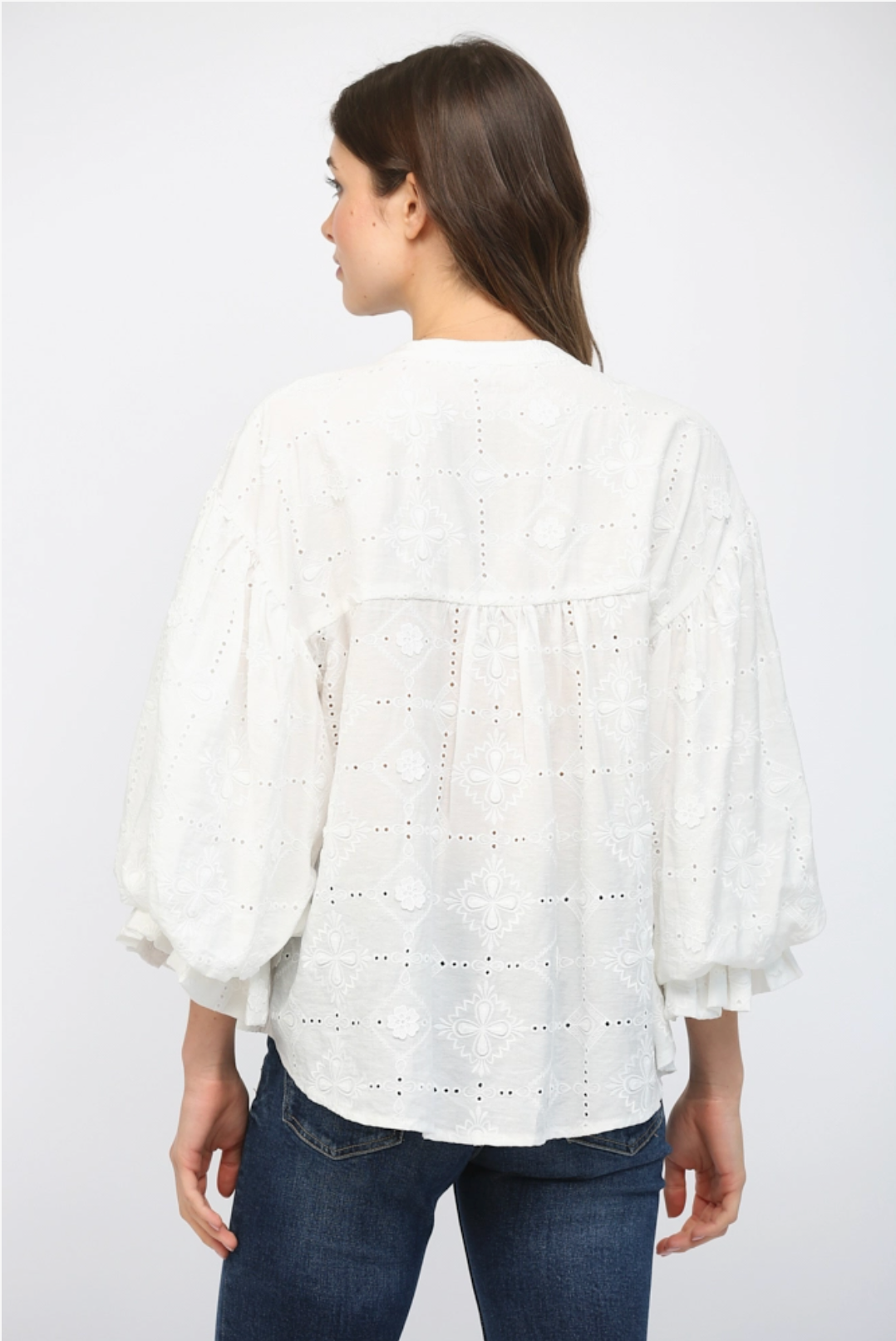 Floral Embroidered Eyelet Lace Bubble Sleeve Blouse Fate