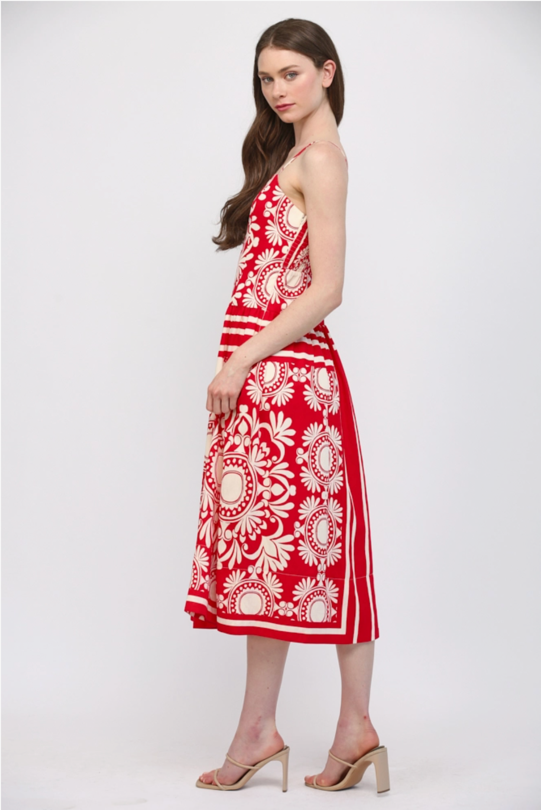 Sleeveless Fitted Bodice Gathered Waist Midi Dress Fate