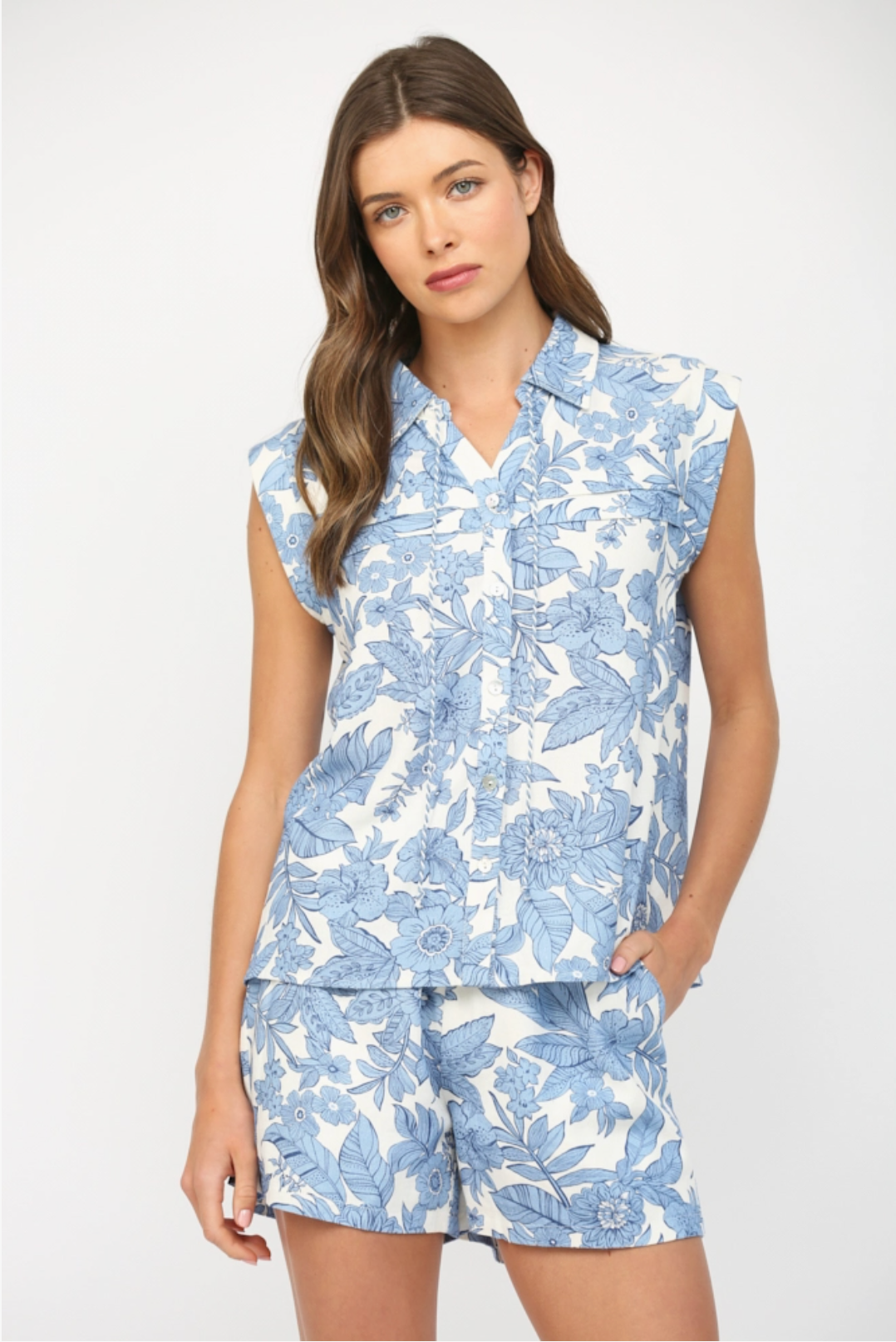 Floral Tuck Detail Split Neckline Button Down Shirt Fate