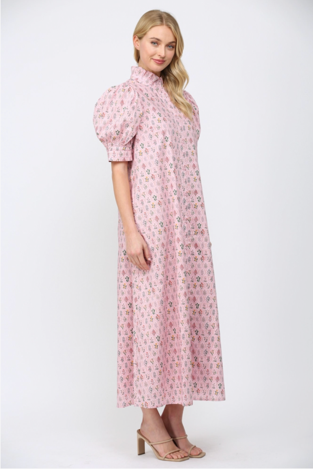 Floral Print High Ruffled Mock Neck Button Down Maxi Dress Fate