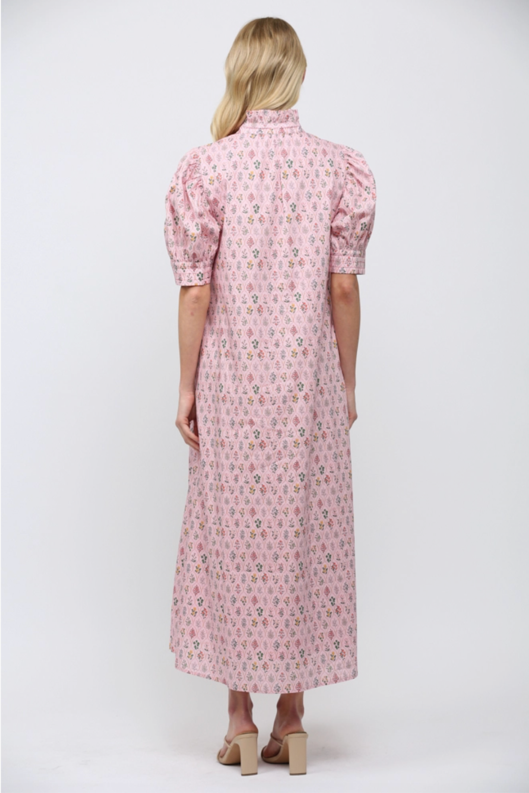 Floral Print High Ruffled Mock Neck Button Down Maxi Dress Fate