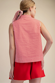 Stand Collar Slit V-Neck Sleeveless Stripe Top Glam