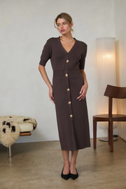 Ribbed Short Sleeve Midi Dress with Gold Buttons Skies are Blue